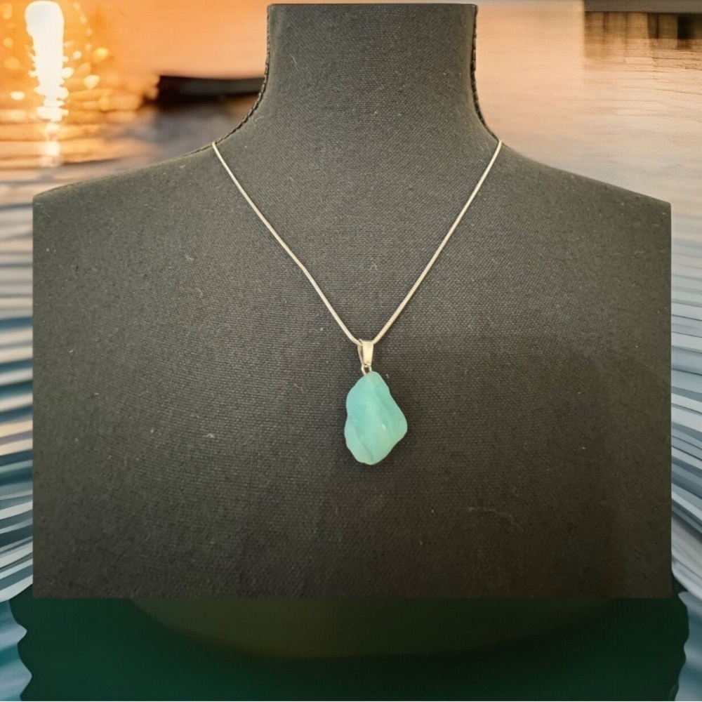 Blue raw stone necklace, Silver Chain